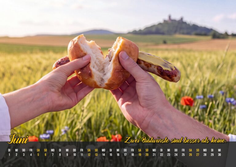 Juni: zwei Hände teilen eine Rostbratwurst auf einer Sommerwiese