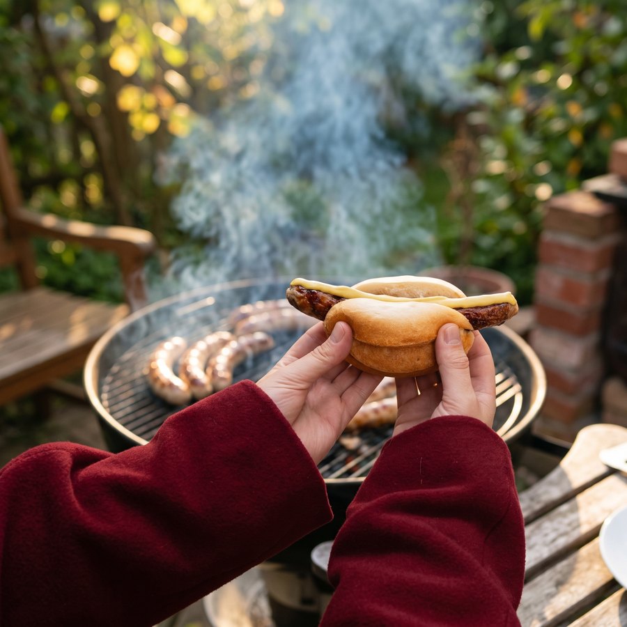 Zwei Hände halten eine Thüringer Rostbratwurst mit Senf vor dem Holzkohlegrill