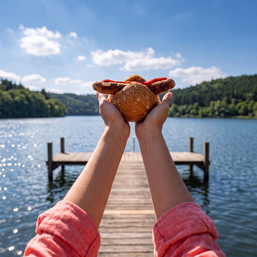 Rostbratwurst im Brötchen vor einem Badesee mit Holzsteg – Kulisse mit KI erstellt
