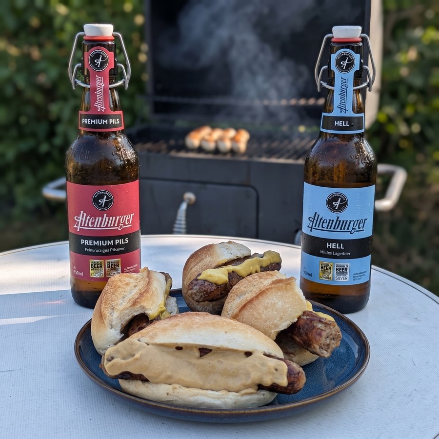 Selbst gegrillte Rostbratwürste im Brötchen mit Senf, dazu Altenburger Premium Pils und Altenburger Hell vor dem Holzkohlegrill
