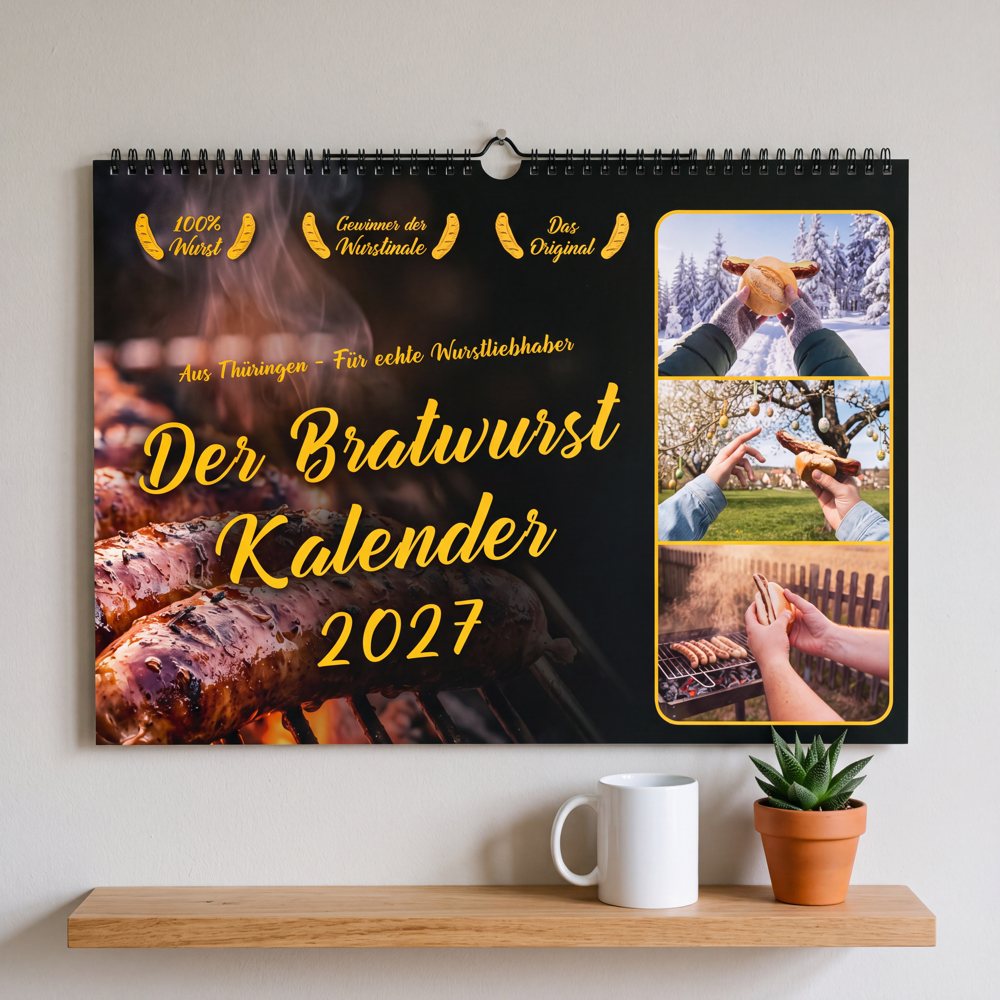 Bratwurst Kalender 2027 in DIN A3 an der Wand mit Tasse zum Größenvergleich