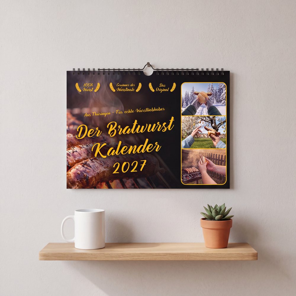 Bratwurst Kalender 2027 in DIN A4 an der Wand mit Tasse zum Größenvergleich
